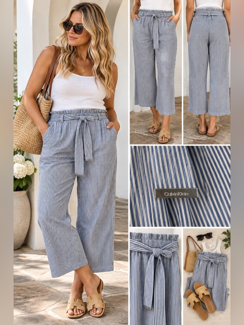 Calvin Klein Blue White Seersucker Stripe Cropped Pants XL Tie Waist